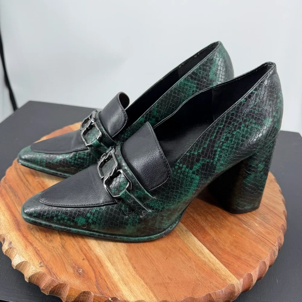 Nordstrom Rack Oslo Green & Black Snake Print Heel Pointed Loafers Sz 10 Elphaba